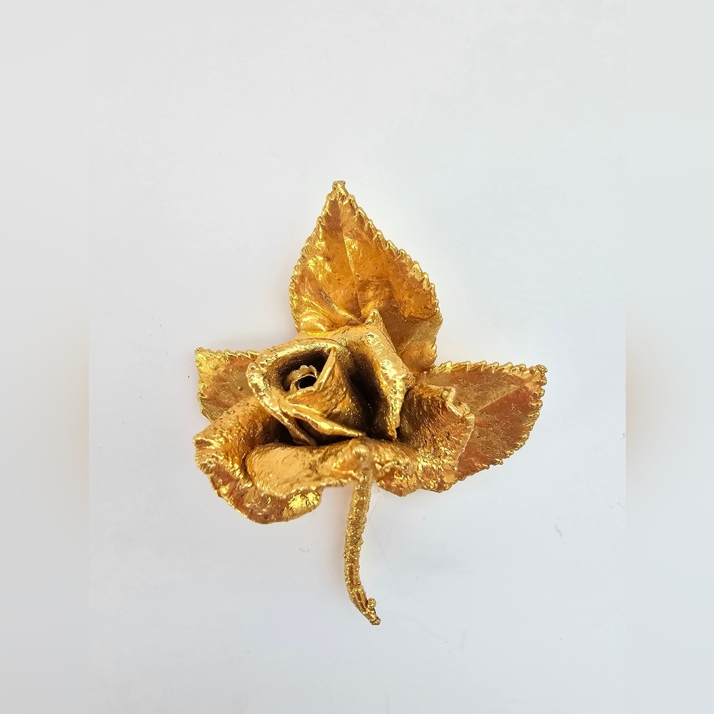 Vintage Mexican Gold Plated Real Rose Brooch - 12 Microns Plaque Oro - Taxco